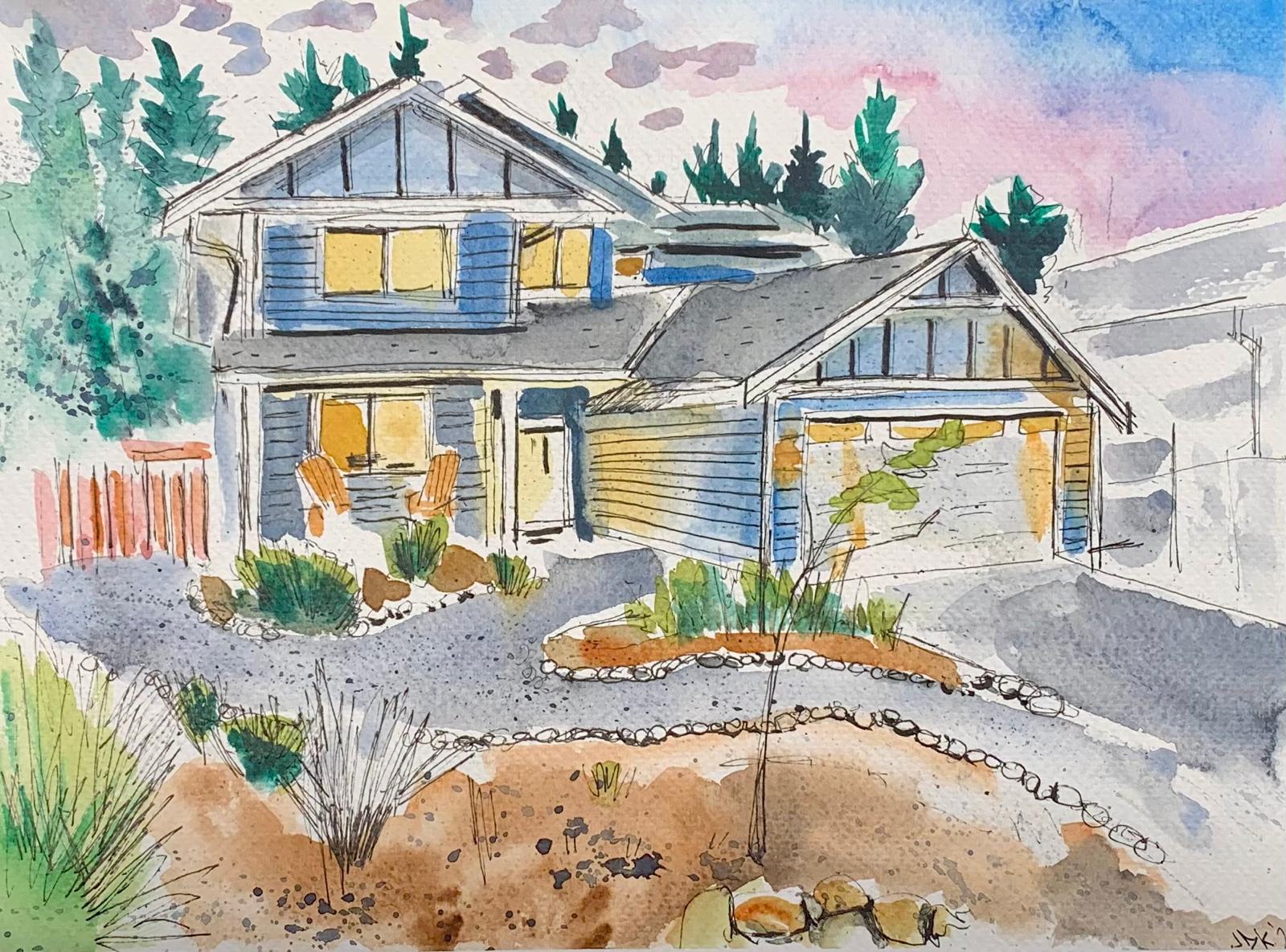 Watercolour house portrait by Josh showing a blue home with a garage and landscaped garden
